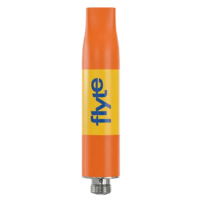 Centered vertical product shot of a bright orange Yuzu Mandarin Liquid Diamonds Vape Cartridge with a yellow "flyte" label against a white background