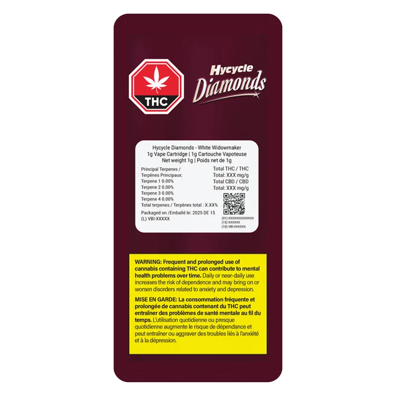 Rear view of the maroon Hycycle Diamonds White Widowmaker Liquid Diamonds Vape Cartridge package showing a THC hexagon logo, product label and yellow warning box.