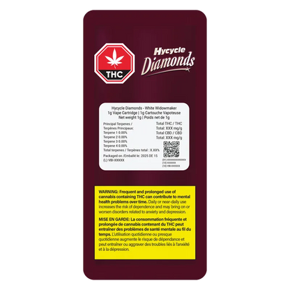 Rear view of the maroon Hycycle Diamonds White Widowmaker Liquid Diamonds Vape Cartridge package showing a THC hexagon logo, product label and yellow warning box.