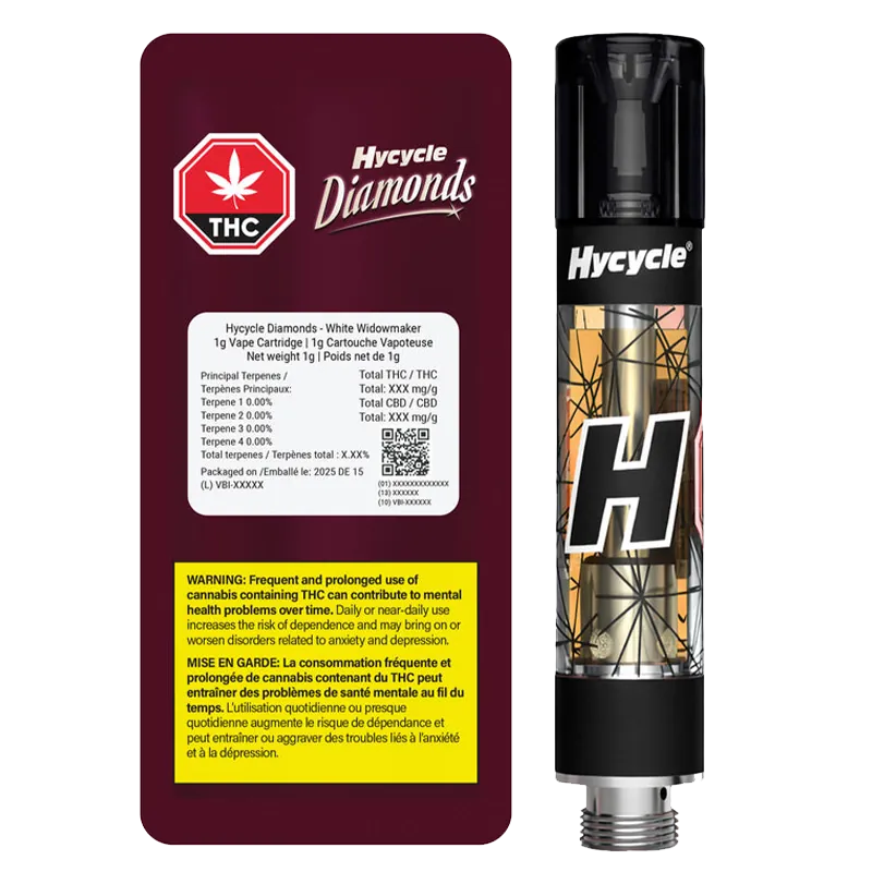 Right-side view of a Hycycle Diamonds White Widowmaker Liquid Diamonds Vape Cartridge showing the black mouthpiece and patterned gold cartridge body next to its maroon warning card.