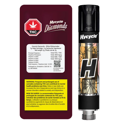 Right-side view of a Hycycle Diamonds White Widowmaker Liquid Diamonds Vape Cartridge showing the black mouthpiece and patterned gold cartridge body next to its maroon warning card.