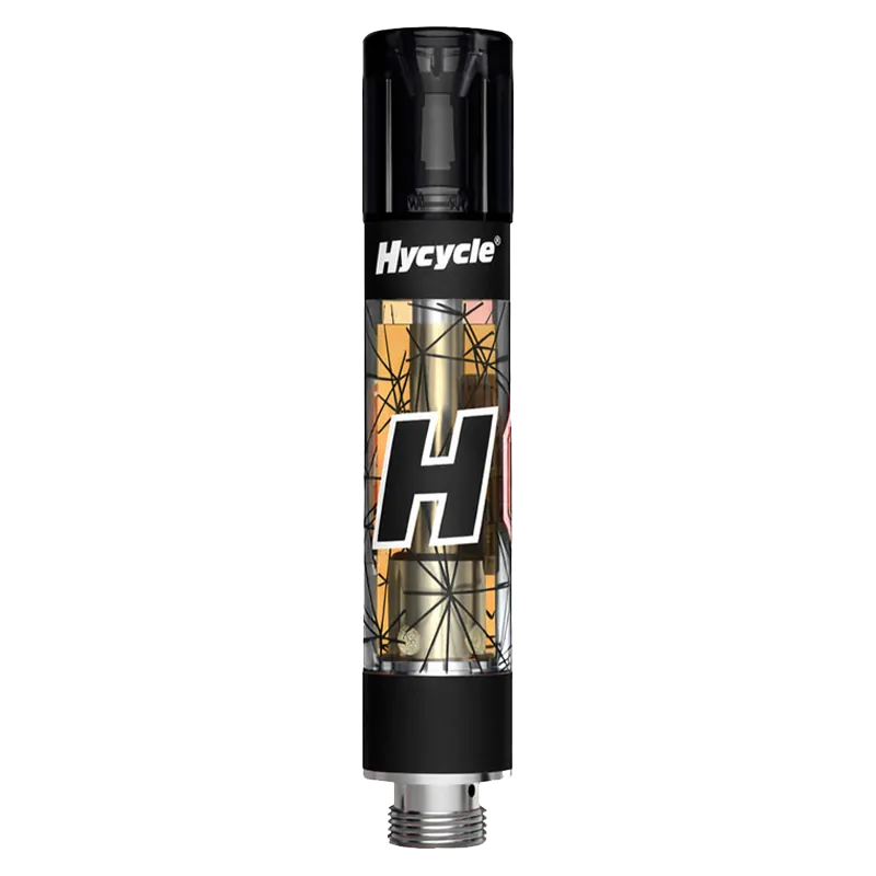 Straight-on product shot of a cartridge labeled White Widowmaker Liquid Diamonds Vape Cartridge by Hycycle showing the clear body, golden oil inside, black cap and threaded metal base.