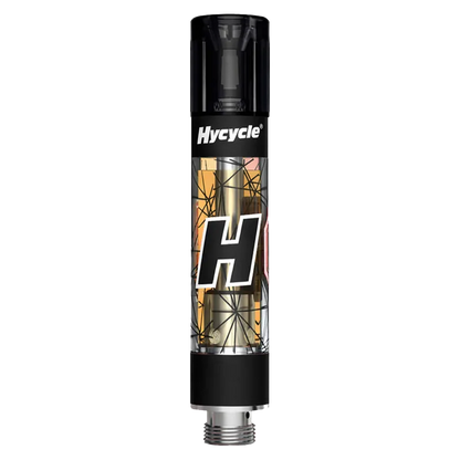 Straight-on product shot of a cartridge labeled White Widowmaker Liquid Diamonds Vape Cartridge by Hycycle showing the clear body, golden oil inside, black cap and threaded metal base.