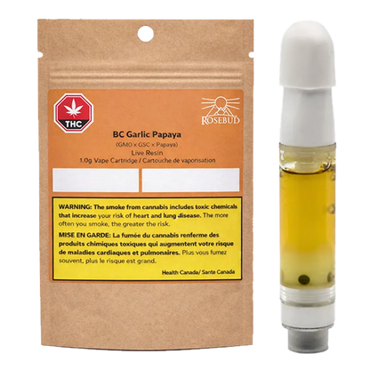 Rosebud Cannabis Farms 1 g BC Garlic Papaya Live Rosin Vape Cartridge Vapes