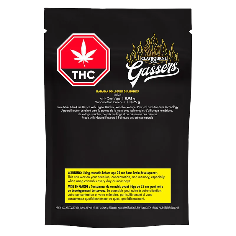 Rear view of the black pouch packaging for Gassers Banana OG Liquid Diamonds Disposable Vape showing a red THC stop-sign logo, gold flame logo, and yellow warning block.