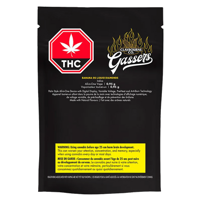 Rear view of the black pouch packaging for Gassers Banana OG Liquid Diamonds Disposable Vape showing a red THC stop-sign logo, gold flame logo, and yellow warning block.