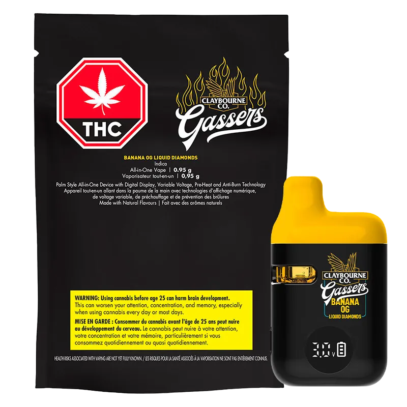 Front-facing shot of a black-and-yellow Gassers Banana OG Liquid Diamonds Disposable Vape beside its black resealable pouch, shown on a white background.