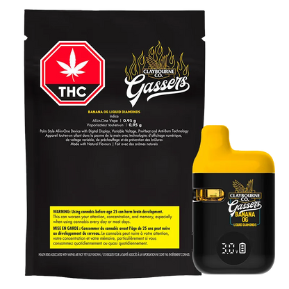 Front-facing shot of a black-and-yellow Gassers Banana OG Liquid Diamonds Disposable Vape beside its black resealable pouch, shown on a white background.