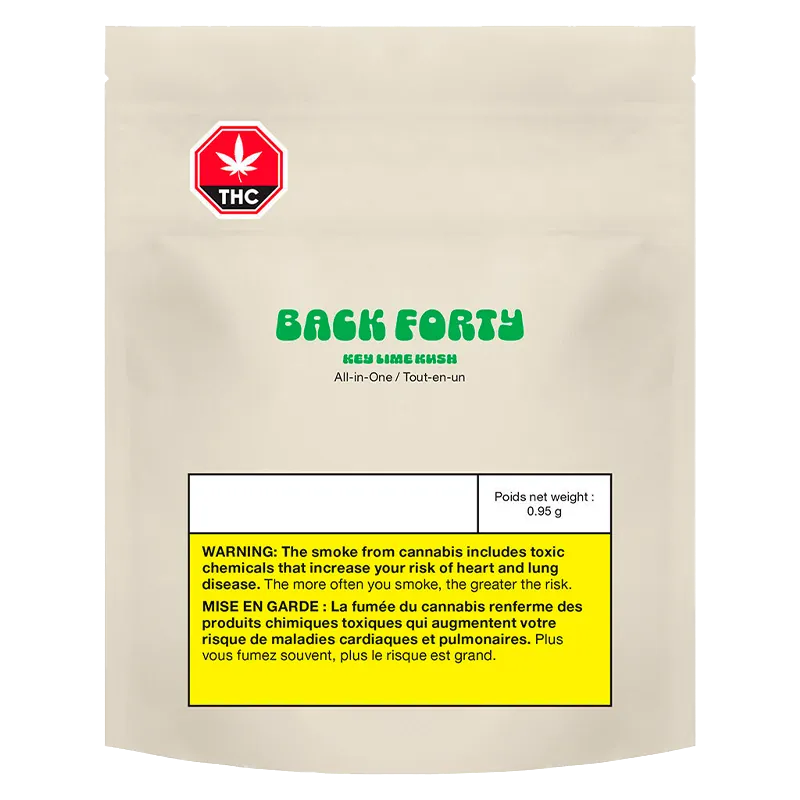 Front-facing beige pouch labeled Back Forty with green text showing the Key Lime Kush Disposable Vape brand and a yellow bilingual warning panel.