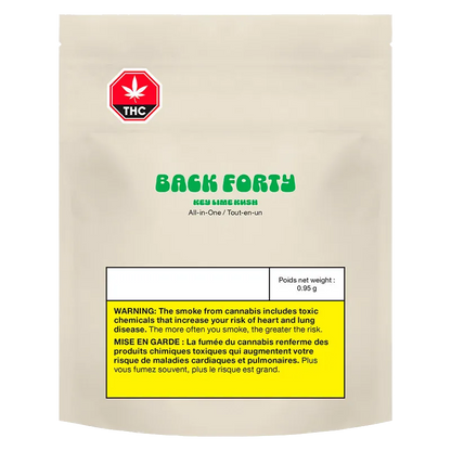 Front-facing beige pouch labeled Back Forty with green text showing the Key Lime Kush Disposable Vape brand and a yellow bilingual warning panel.