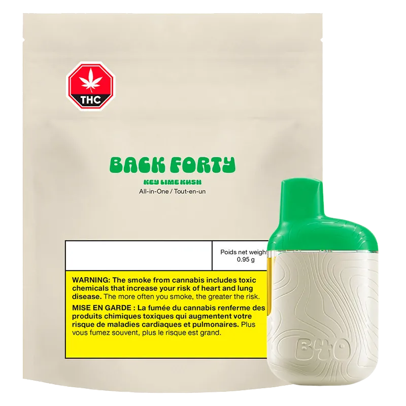 Front-facing image of the Back Forty Key Lime Kush Disposable Vape with a green-topped white device placed beside its beige resealable pouch showing a THC warning label.