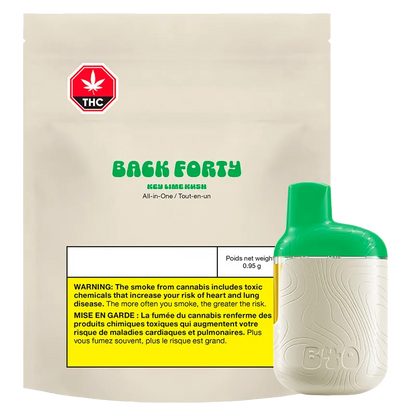 Front-facing image of the Back Forty Key Lime Kush Disposable Vape with a green-topped white device placed beside its beige resealable pouch showing a THC warning label.
