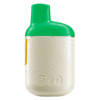 Front-facing shot of the Key Lime Kush Disposable Vape showing a cream textured body with topographic grooves and a bright green mouthpiece.