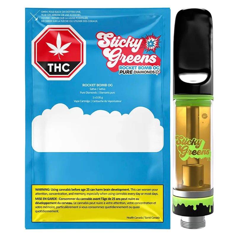 Sticky Greens 0.95 g Rocket Bomb OG Liquid Diamonds Vape Cartridge Vapes