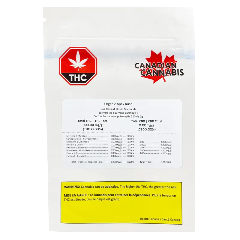 Canadian Cannabis 1 g Organic Apex Kush Vape Cartridge Vapes
