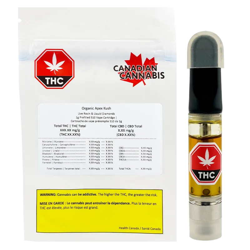 Canadian Cannabis 1 g Organic Apex Kush Vape Cartridge Vapes
