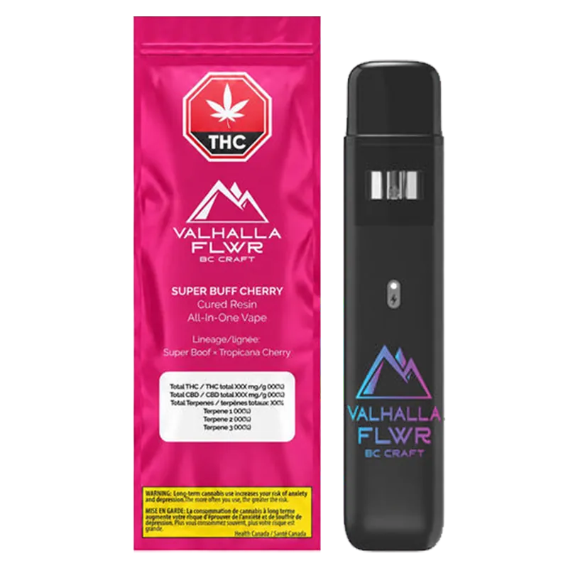 Valhalla Flwr 1 g Super Buff Cherry Cured Resin Disposable Vape Vapes