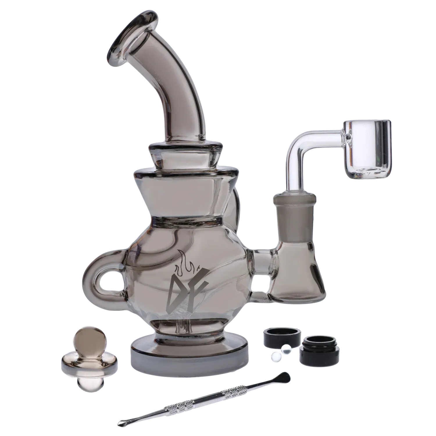 Angled side view of the Dab Freak - Squall Dab Rig 6.7 in in smoky glass with a bent mouthpiece, banger, and accessories.