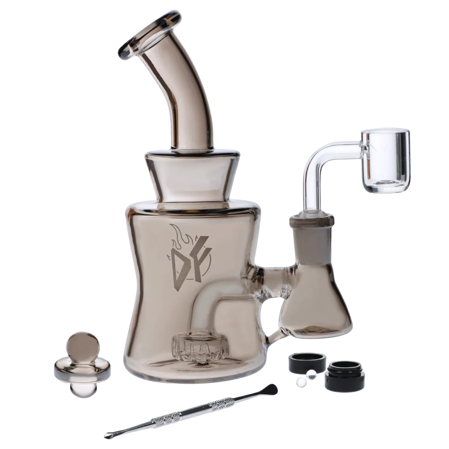 Angled close-up of the Dab Freak - Tsunami Dab Rig 6.5 in in smoky glass, shown with its bent mouthpiece, side banger, logo on the body, and accessories laid out.