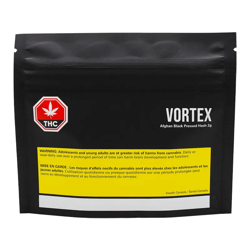 Front view of the Afghan Black Pressed Hash, a dark-colored rectangular block with white lettering on a black background.