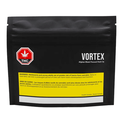 Front view of the Afghan Black Pressed Hash, a dark-colored rectangular block with white lettering on a black background.