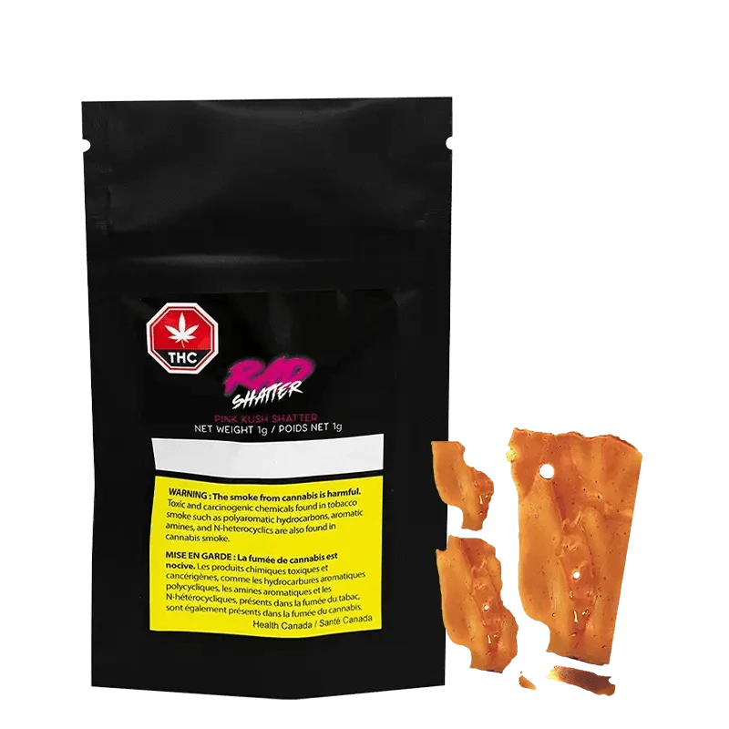Front view of Pink Kush Shatter in clear packaging, displaying the product name and weight alongside a warning label.