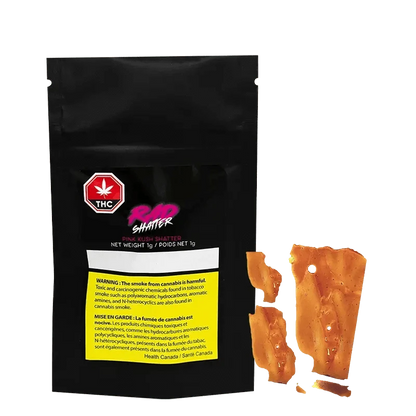Front view of Pink Kush Shatter in clear packaging, displaying the product name and weight alongside a warning label.