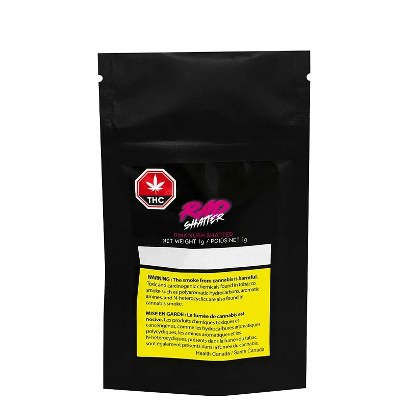 Front view of Pink Kush Shatter in a clear plastic bag with warning text in French and English.