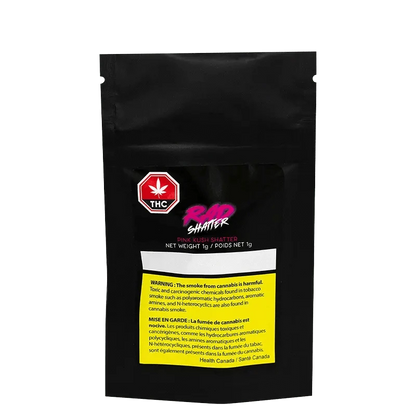 Front view of Pink Kush Shatter in a clear plastic bag with warning text in French and English.
