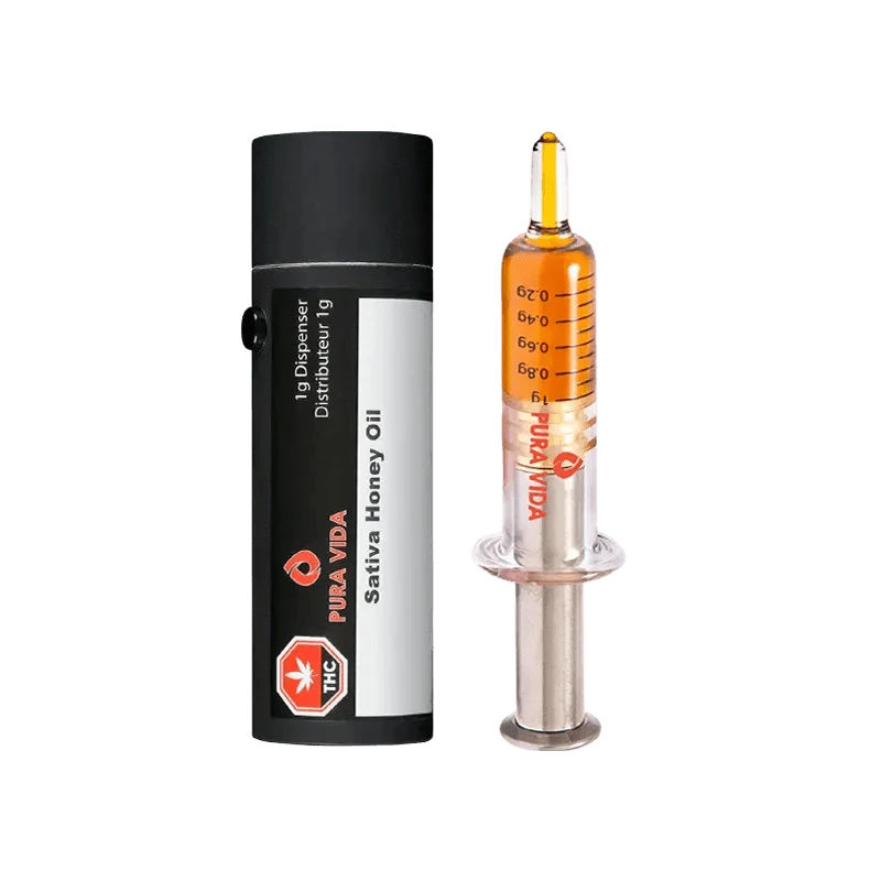 Front view of the Sativa Honey Oil Dispenser, showing a clear container with a golden liquid against a white background.