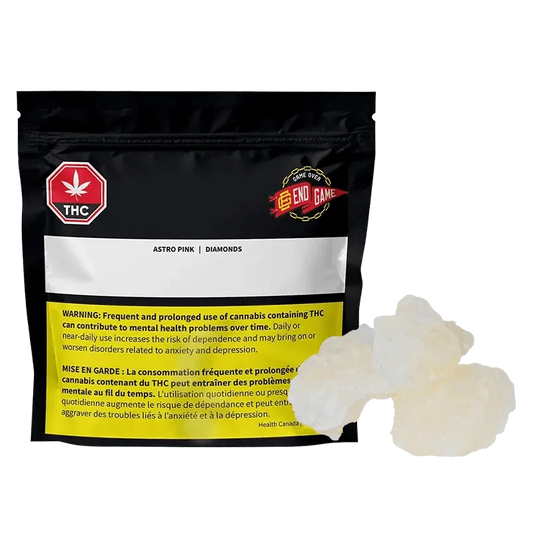 Close-up of the Astro Pink Diamonds packaging with a warning label against frequent use, displayed on a dark background.