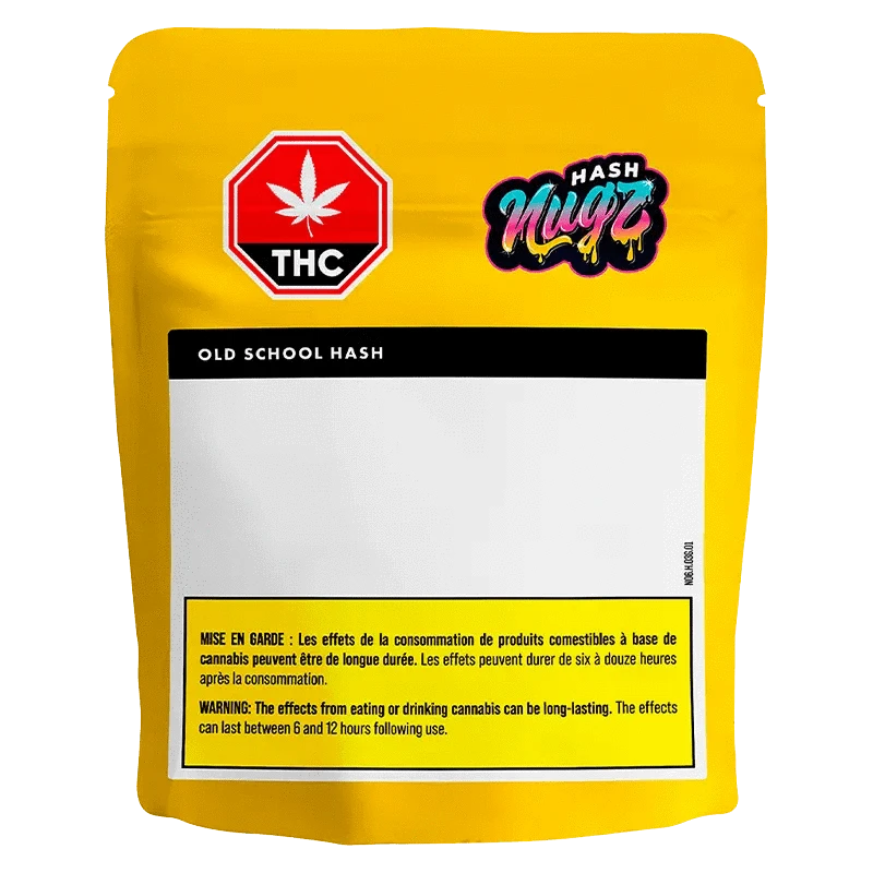Front view of the Old School Hash packaging, featuring a green THC leaf design on a black background.