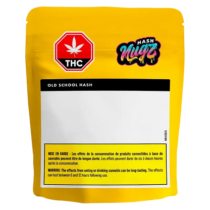 Front view of the Old School Hash packaging, featuring a green THC leaf design on a black background.