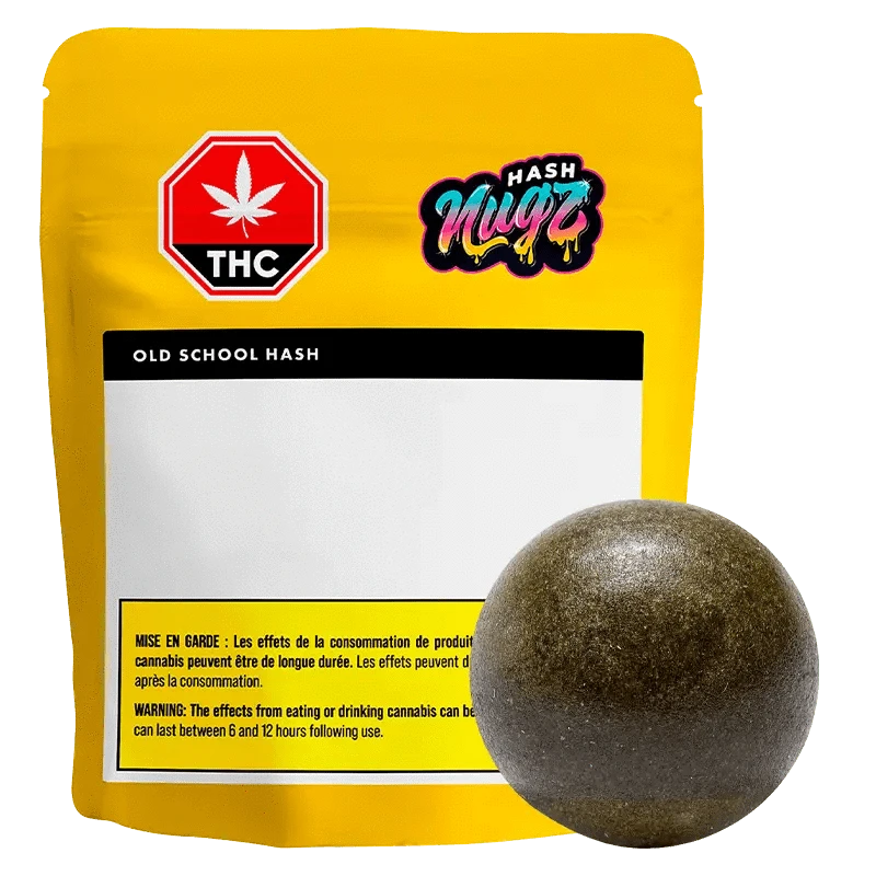 Close-up of the Old School Hash packaging, showcasing a branded design with THC and bold text on a dark background.