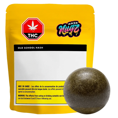 Close-up of the Old School Hash packaging, showcasing a branded design with THC and bold text on a dark background.