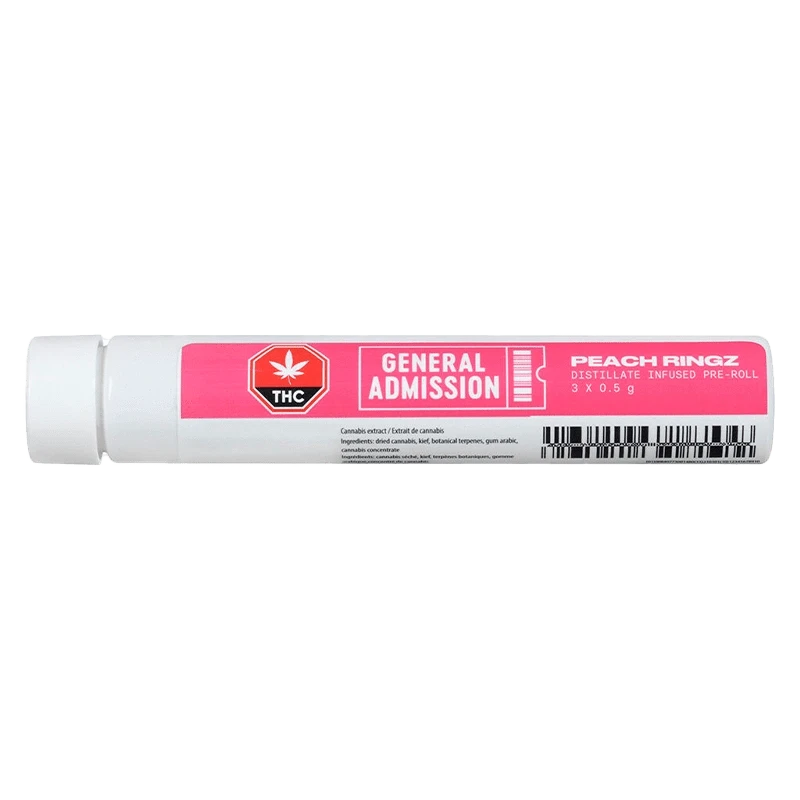 Peach Ringz Infused Pre Rolled 3 x 0.5 g packaging shown in a close-up, angled view with bold lettering on a dark background.