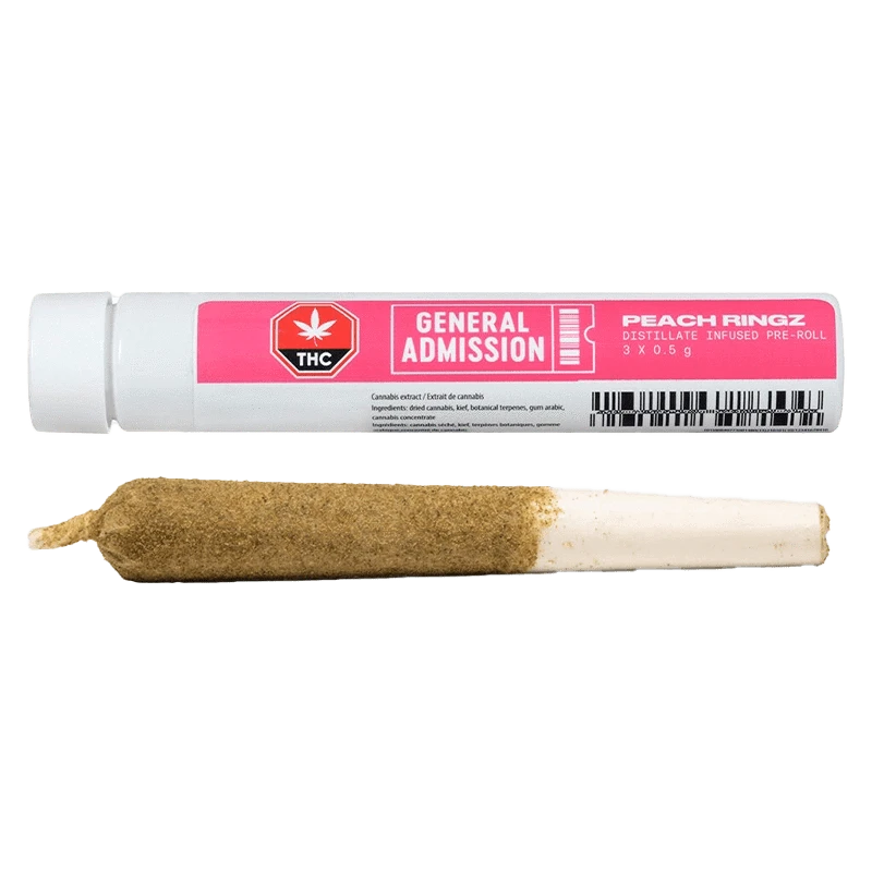 A close-up of the Peach Ringz Infused Pre Rolled 3 x 0.5 g pre-rolls, with branding visible against a clean white background.