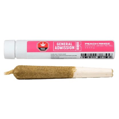 A close-up of the Peach Ringz Infused Pre Rolled 3 x 0.5 g pre-rolls, with branding visible against a clean white background.