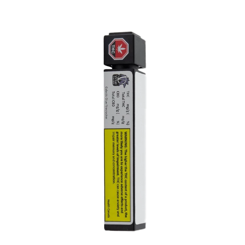 Close-up of the Firecracker Infused Pre Rolled 1 x 1.25 g package with a THC warning label, photographed at a slight angle.