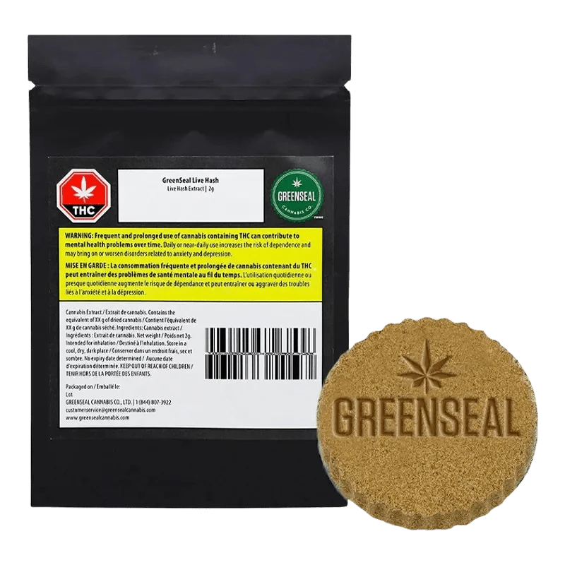 GreenSeal Live Hash packaging, a close-up, diagonally angled shot with text in French and a cannabis leaf symbol.