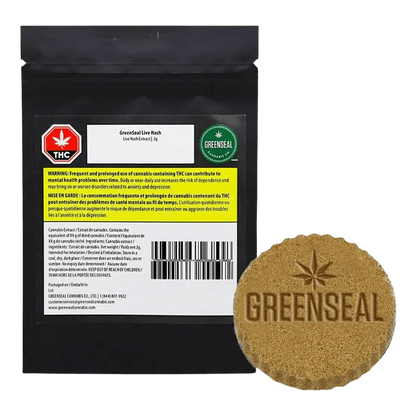 GreenSeal Live Hash packaging, a close-up, diagonally angled shot with text in French and a cannabis leaf symbol.
