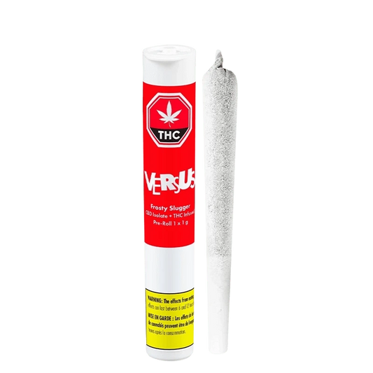 A close-up of the Frosty Slugger Infused Pre Rolled 1 x 1 g joint, angled slightly upward against a dark background.