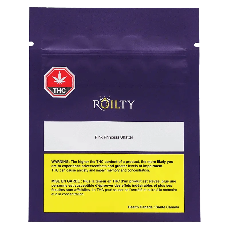 Front view of the Roilty Pink Princess Kush Shatter packaging, with a warning label and cannabis leaf design.