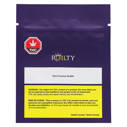 Front view of the Roilty Pink Princess Kush Shatter packaging, with a warning label and cannabis leaf design.