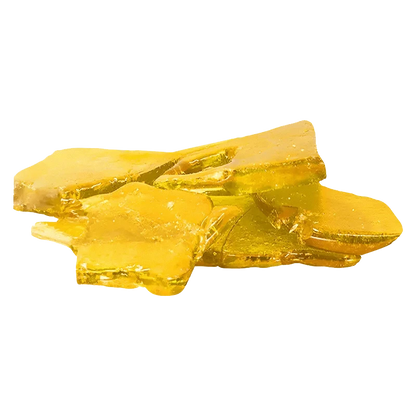 A close-up of the Pink Princess Kush Shatter, displaying a translucent amber fragment against a plain white background.