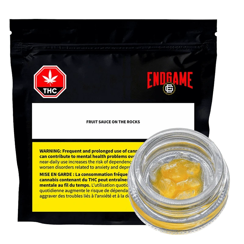 Front view of the “Fruit Sauce on the Rocks” packaging against a dark background, featuring THC and Endgame branding.