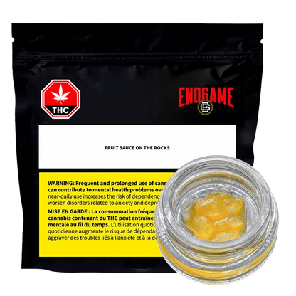 Front view of the “Fruit Sauce on the Rocks” packaging against a dark background, featuring THC and Endgame branding.