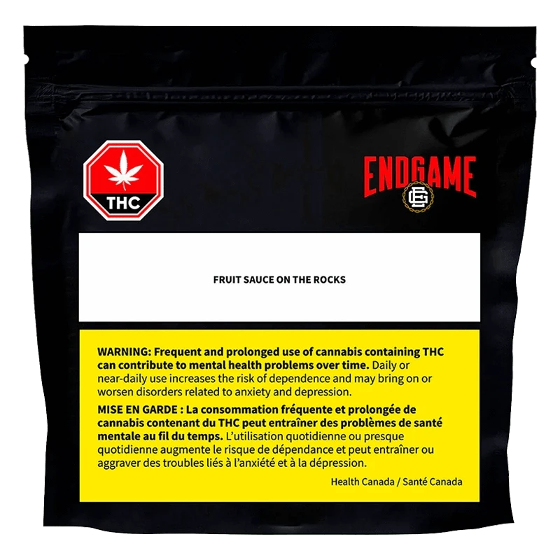 Fruit Sauce on the Rocks packaging displays a warning against regular use, set against a dark, textured background.