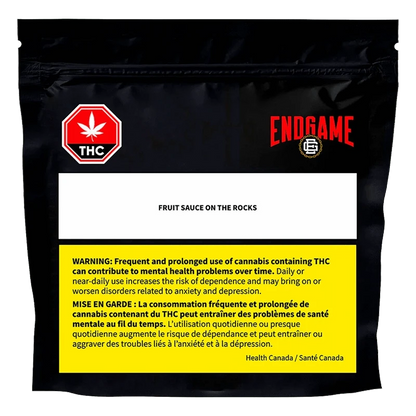 Fruit Sauce on the Rocks packaging displays a warning against regular use, set against a dark, textured background.