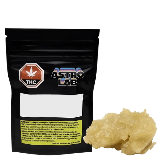 Front view of the Astro Lab Summer Cherry Punch Live Rosin packaging against a black backdrop, featuring bold lettering and a graphic design.